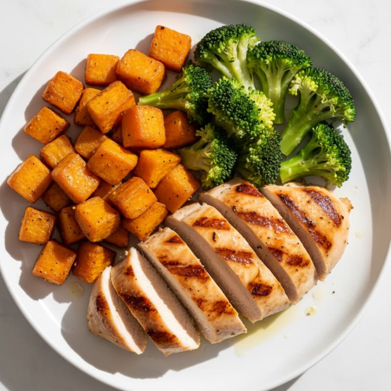 Grilled Chicken Breast with Roasted Sweet Potato and Steamed Broccoli