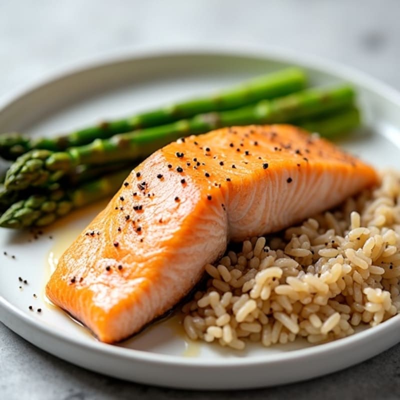 Baked Salmon with Steamed Asparagus and Brown Rice