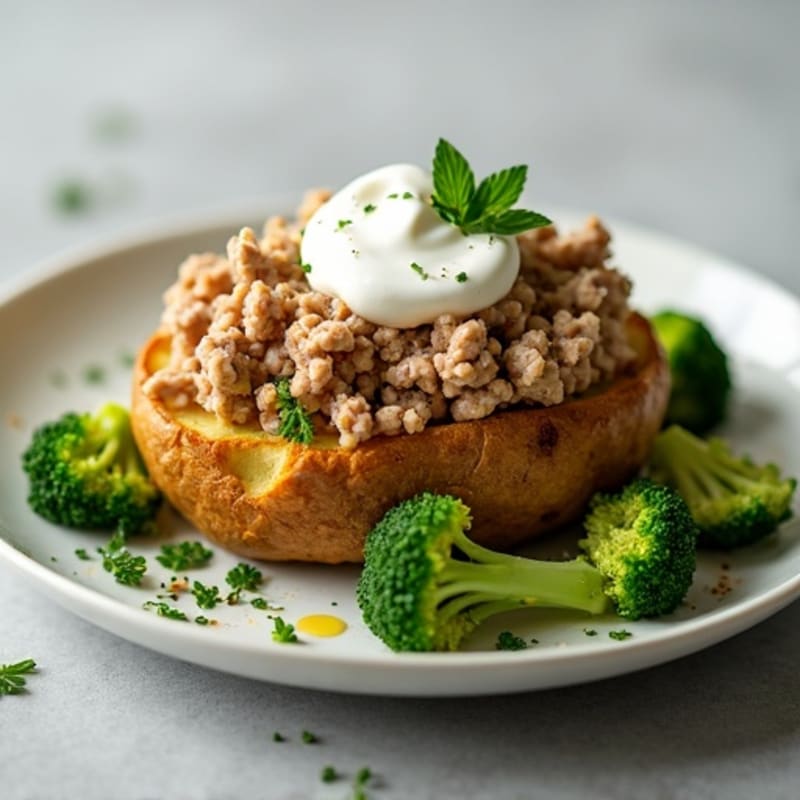 Crispy Baked Potato with Lean Ground Turkey, Steamed Broccoli, and Creamy Greek Yogurt