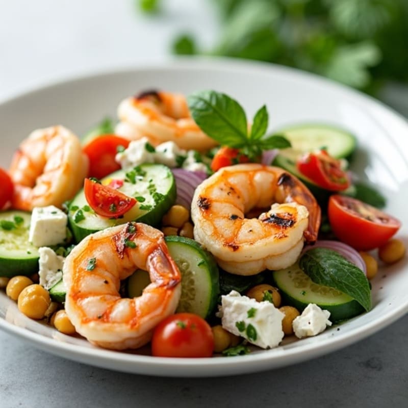 Fresh Cucumber Tomato Salad with Herb-Marinated Feta and Grilled Shrimp