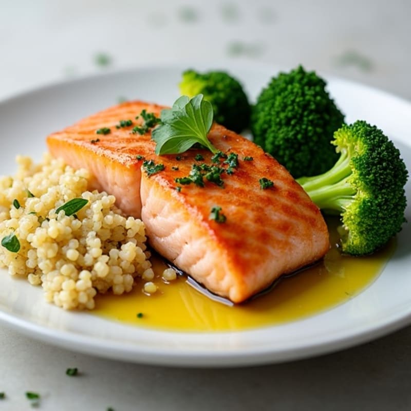 Seared Salmon with Steamed Broccoli and Quinoa
