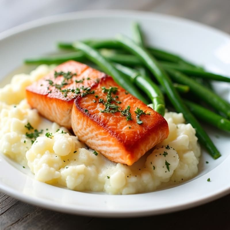 Baked Salmon with Steamed Green Beans and Garlic Mashed Cauliflower