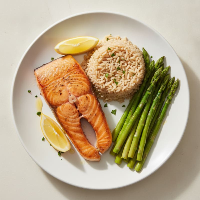 Seared Salmon Fillet with Steamed Asparagus and Brown Rice