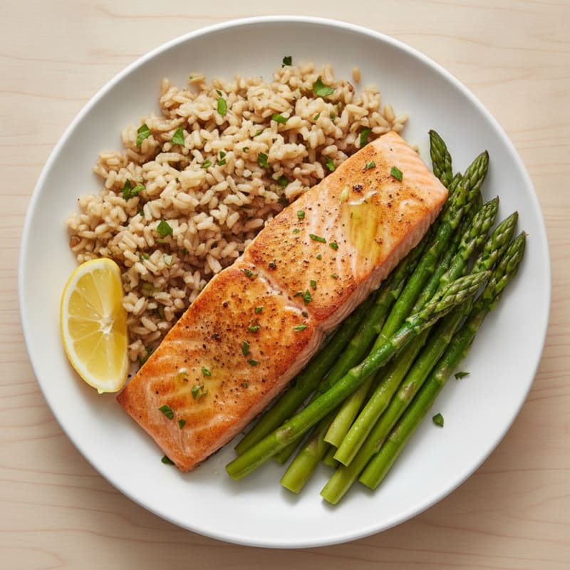 Seared Salmon with Steamed Asparagus and Brown Rice