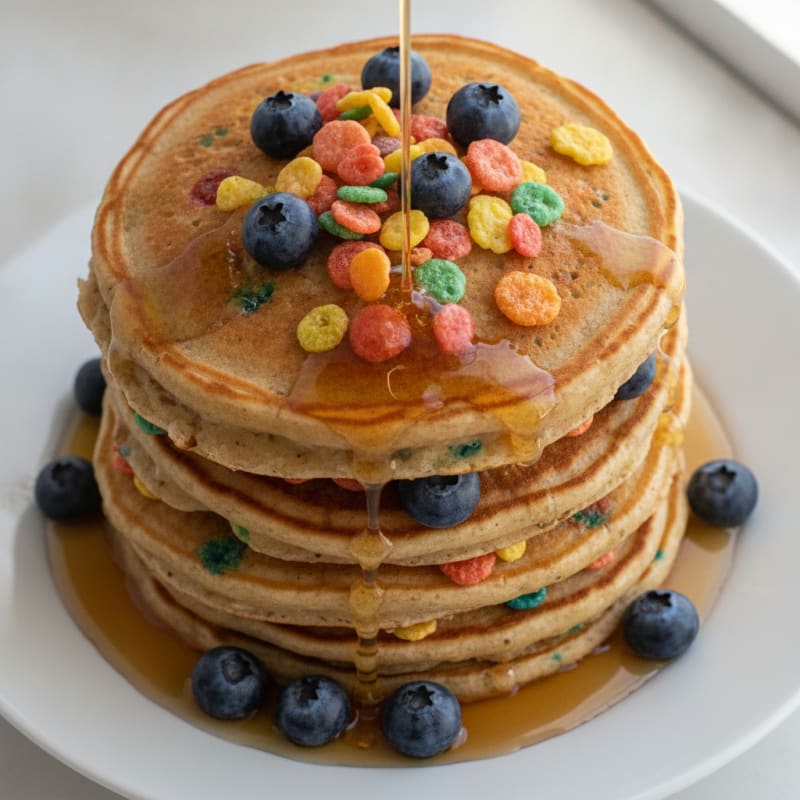 Fruity Pebble Protein Pancake Stack