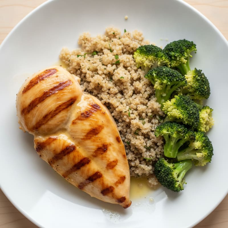 Grilled Chicken Breast with Steamed Broccoli and Quinoa