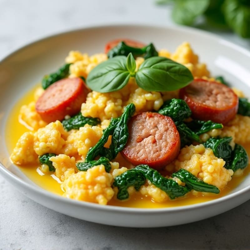 Egg White and Turkey Sausage Scramble with Cottage Cheese and Spinach
