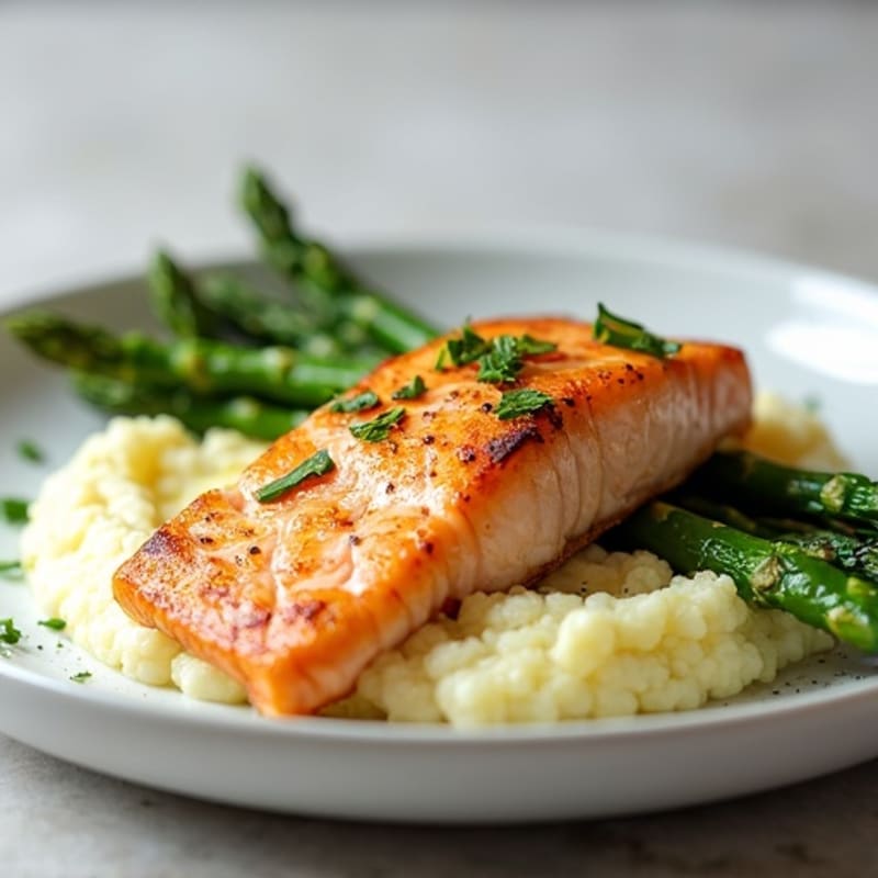 Seared Salmon with Steamed Asparagus and Cauliflower Mash