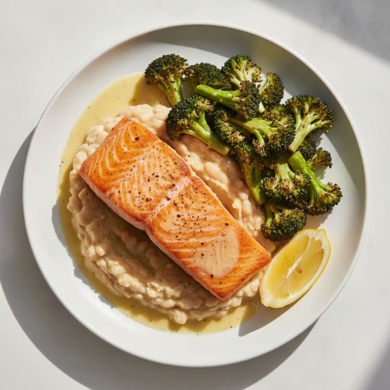 Seared Salmon with Creamy White Bean Mash and Roasted Broccoli