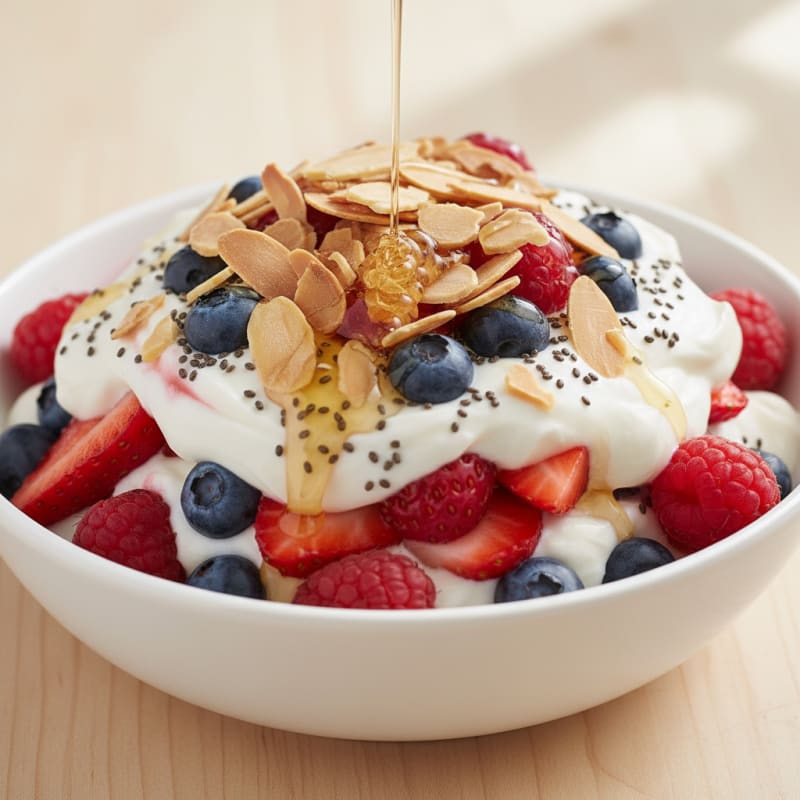 Greek Yogurt Protein Parfait with Mixed Berries and Almonds