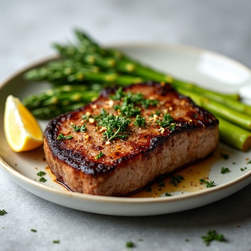 Tender Pan-Seared Steak with Garlic Roasted Asparagus