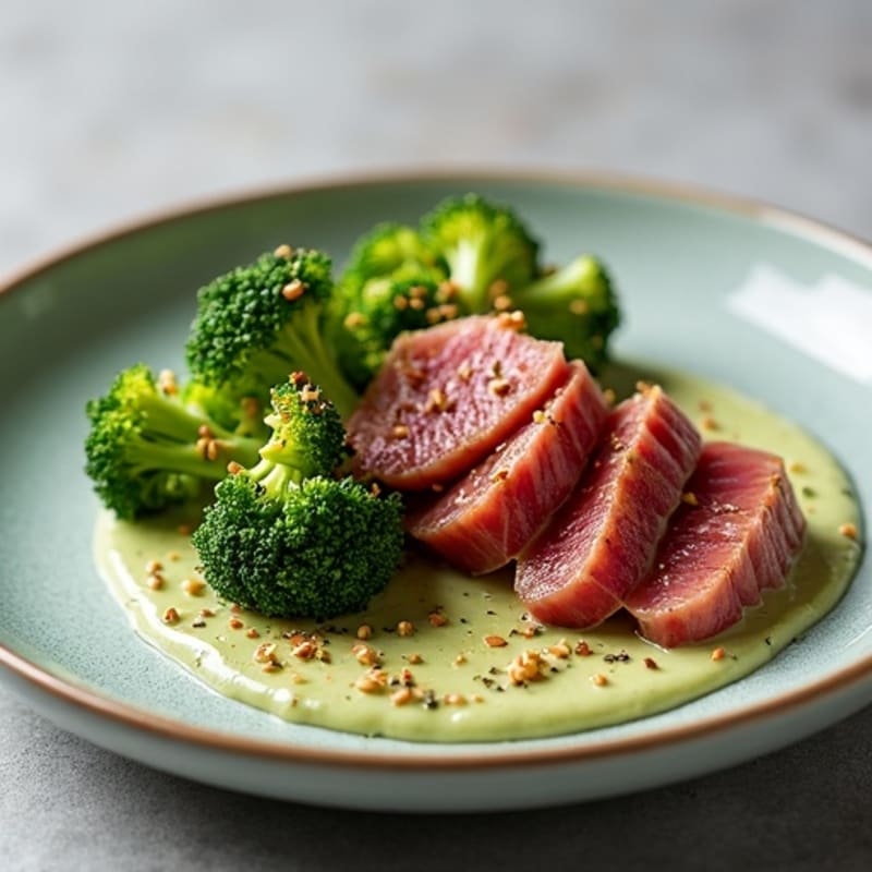 Fresh Seared Ahi Tuna with Creamy Wasabi Mayo and Sesame Roasted Broccoli