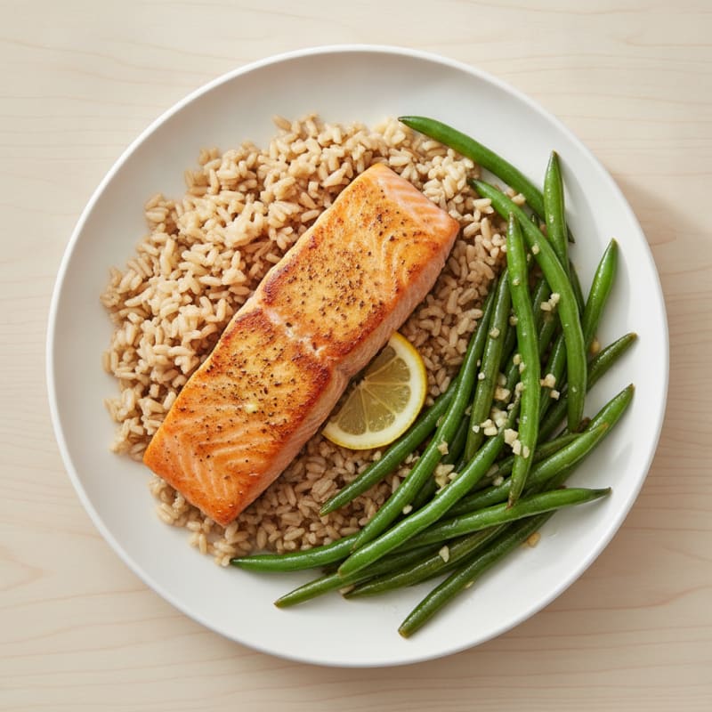 Seared Salmon Fillet with Garlic Green Beans and Brown Rice
