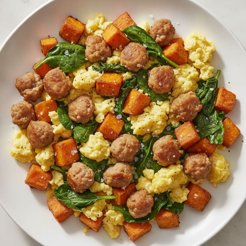 Scrambled Egg and Turkey Sausage Skillet with Spinach and Sweet Potato