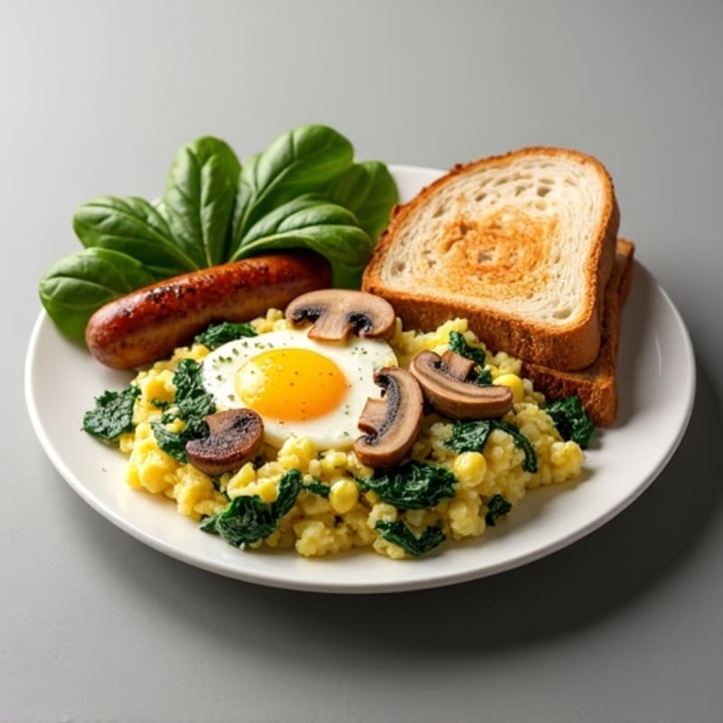Egg White Spinach Scramble with Turkey Sausage, Sautéed Mushrooms & Toast
