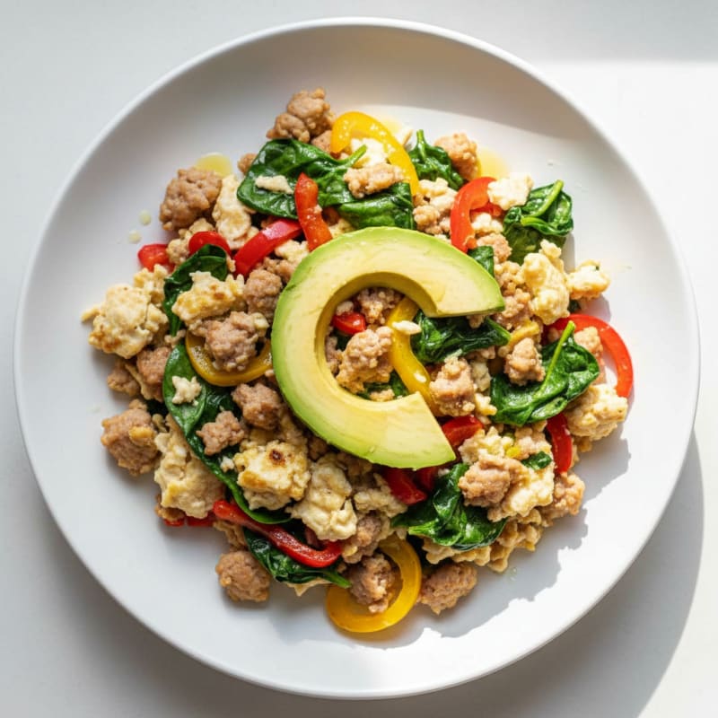 Egg White and Turkey Sausage Scramble with Spinach and Bell Peppers