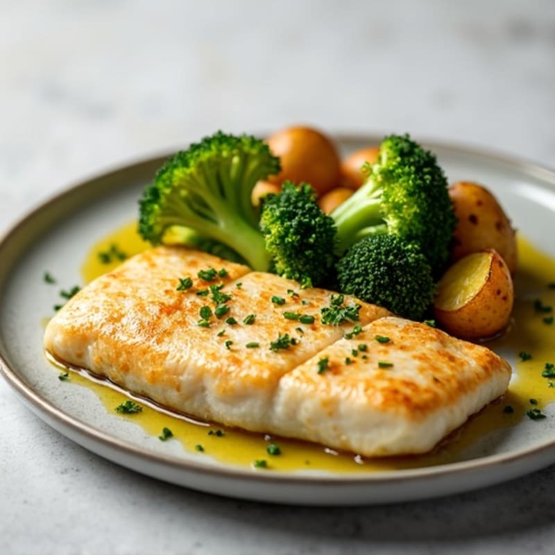 Baked Fish Fillet with Roasted Potatoes and Steamed Broccoli