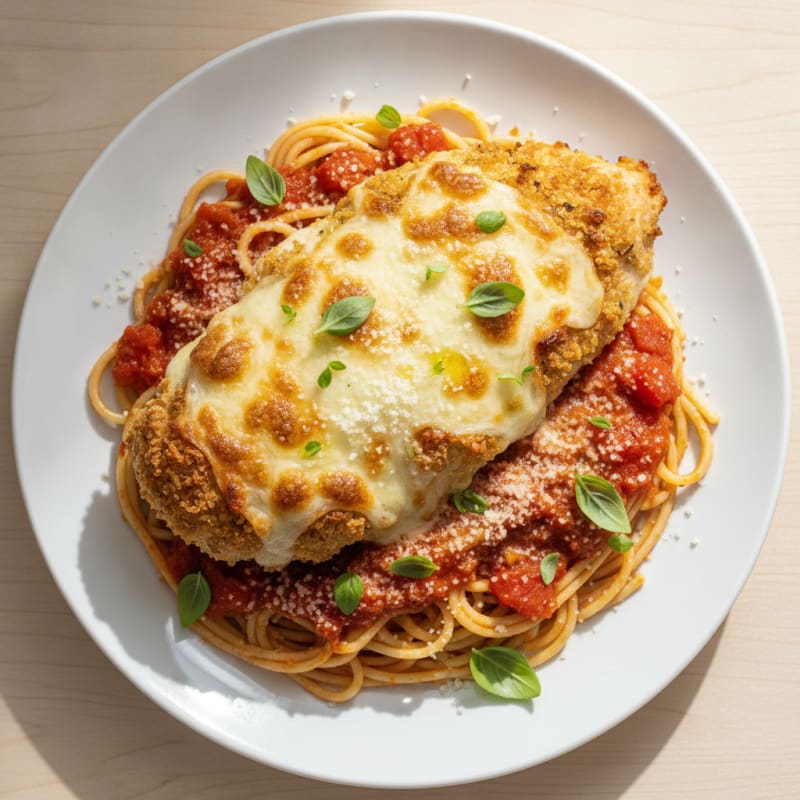 Baked Chicken Parmigiana with Spaghetti