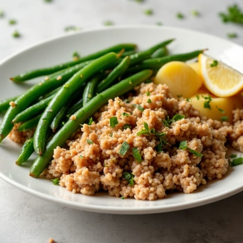 Ground Turkey and Green Bean Skillet with Garlic Roasted Potatoes