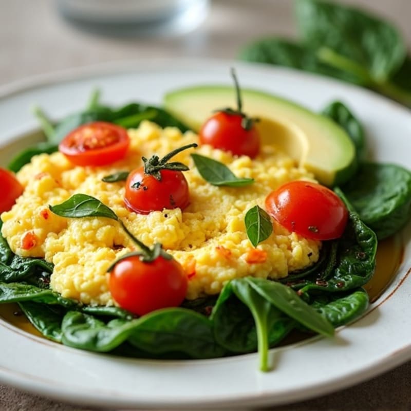 Cottage Cheese Egg White Scramble with Sautéed Spinach and Tomatoes