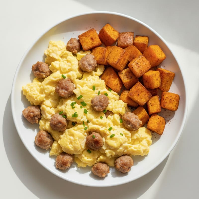 Fluffy Scrambled Eggs with Turkey Sausage and Roasted Sweet Potatoes