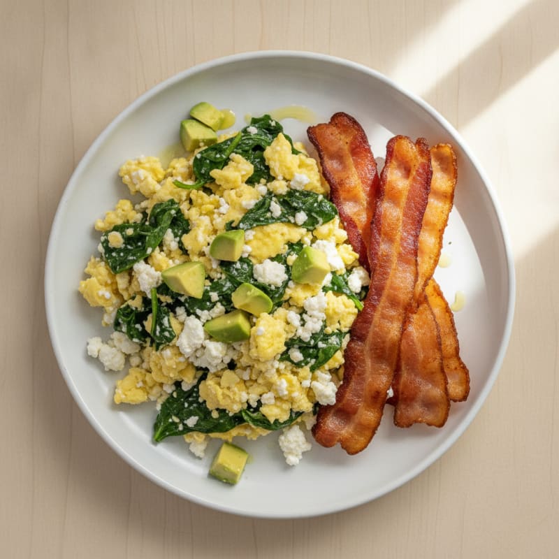 Cottage Cheese Egg Scramble with Spinach and Turkey Bacon