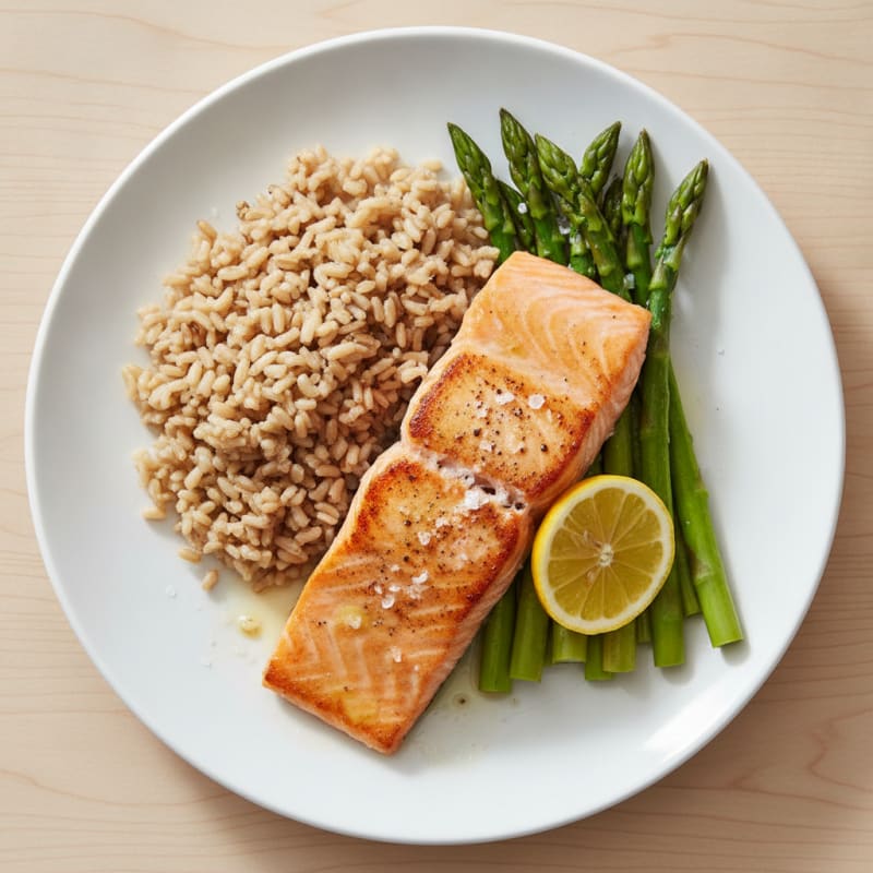 Seared Salmon Fillet with Steamed Asparagus and Brown Rice