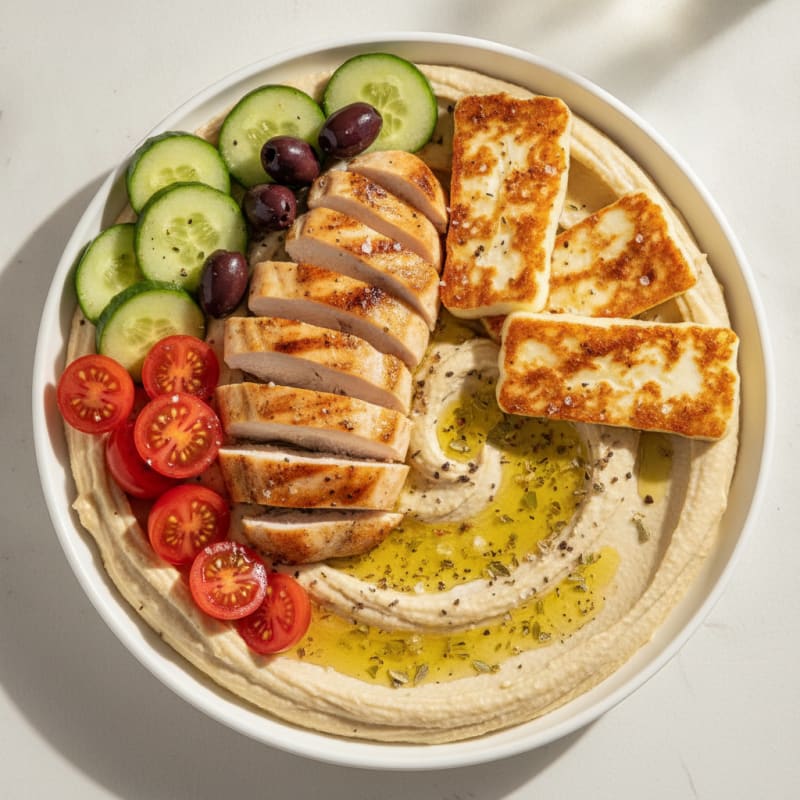Hummus Platter with Grilled Halloumi and Olives