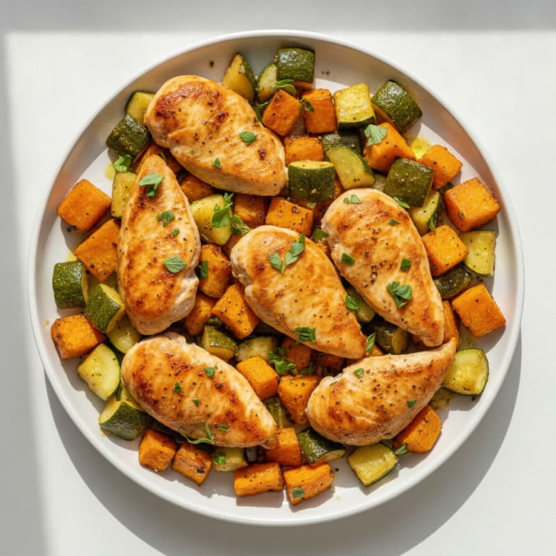 Sheet Pan Roasted Chicken with Sweet Potato and Zucchini