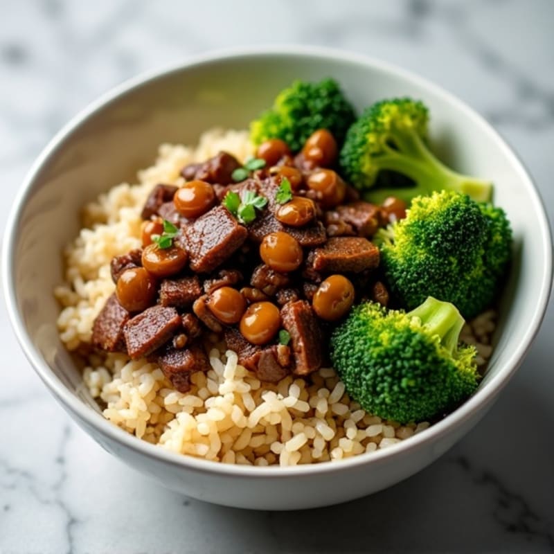 Savory Garlic Ginger Beef and Crispy Broccoli Rice Bowl