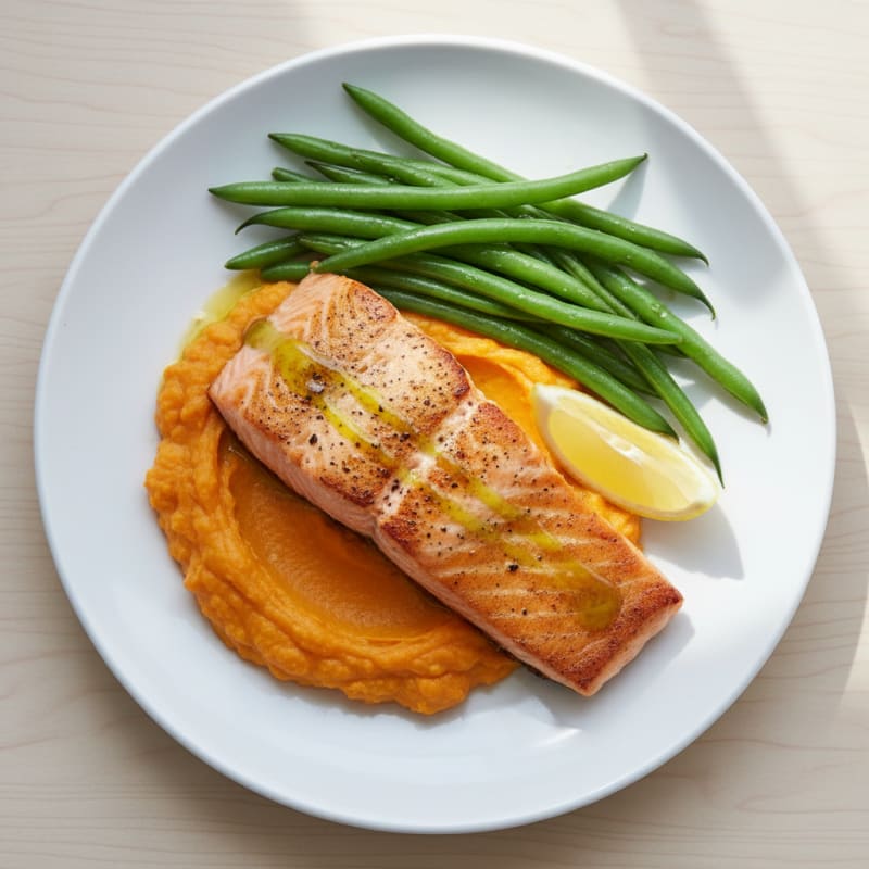Seared Salmon Fillet with Steamed Green Beans and Sweet Potato Mash