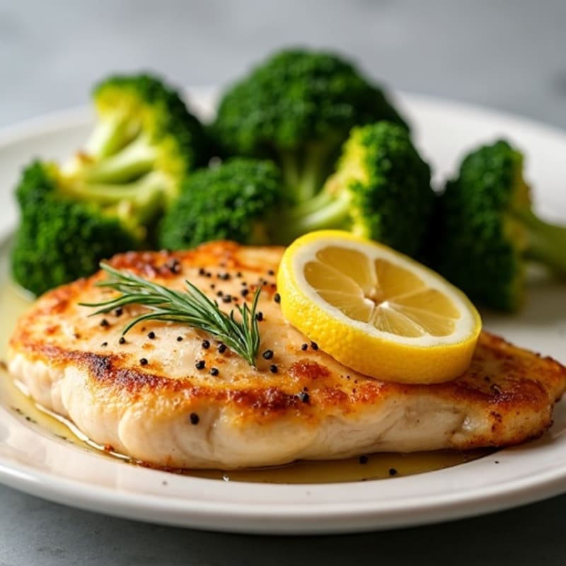 Lemon Garlic Pan-Seared Chicken Breast with Roasted Broccoli