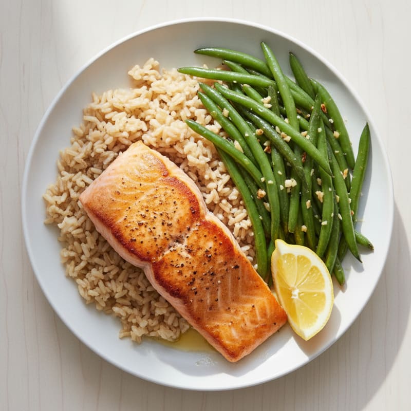 Seared Salmon with Garlic Green Beans and Brown Rice