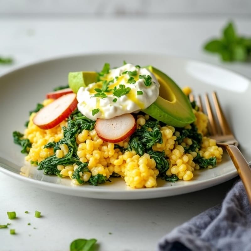 Egg White Spinach Scramble with Cottage Cheese and Sliced Turkey