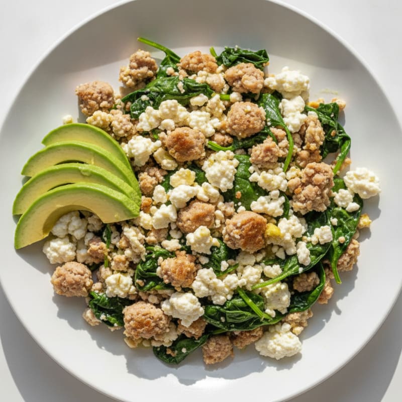 Egg White and Turkey Sausage Scramble with Cottage Cheese and Sautéed Spinach