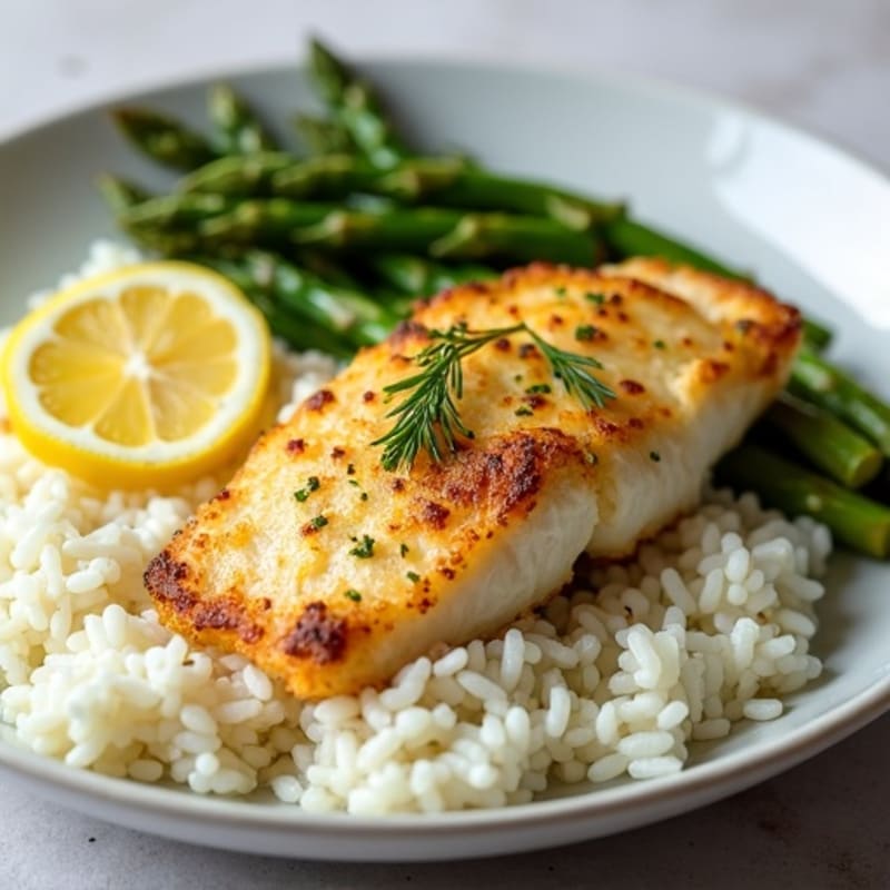 Crispy Pan-Seared Cod with Lemon-Herb Roasted Asparagus and Fluffy White Rice