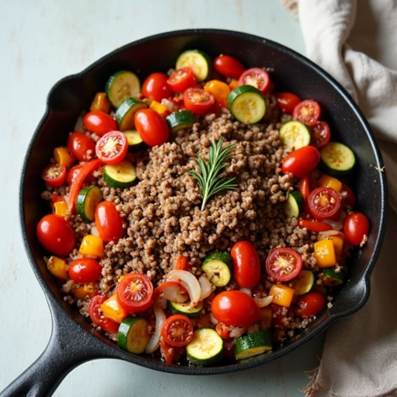 Lean Ground Beef and Roasted Vegetable Skillet