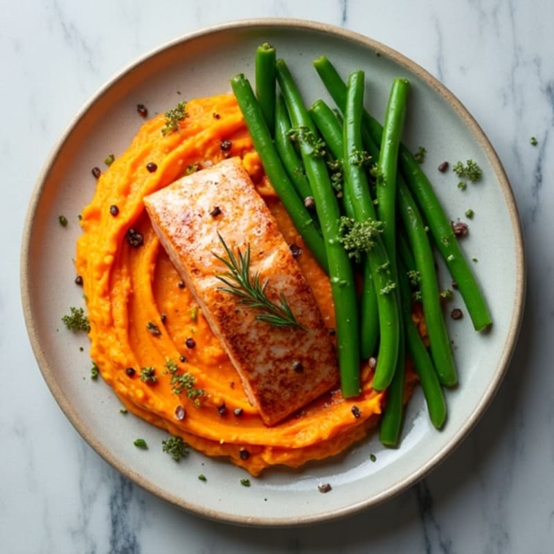 Seared Salmon with Steamed Green Beans and Sweet Potato Mash