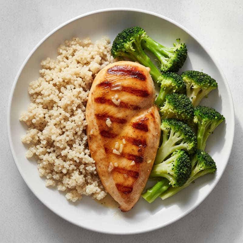 Grilled Lemon-Garlic Chicken Breast with Quinoa and Steamed Broccoli
