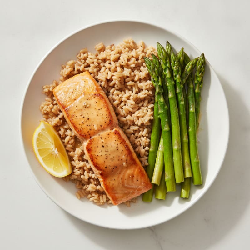 Seared Salmon with Steamed Asparagus and Brown Rice