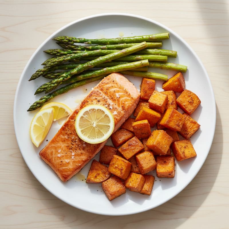 Seared Salmon Fillet with Roasted Sweet Potato and Asparagus