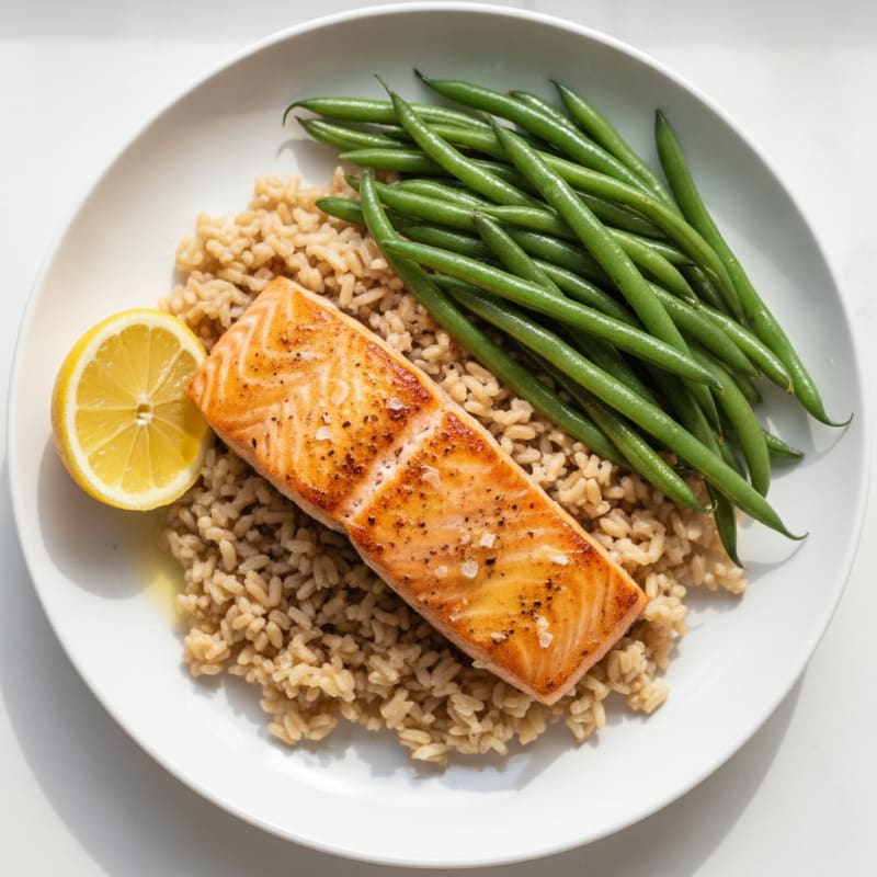 Seared Salmon Fillet with Steamed Green Beans and Brown Rice