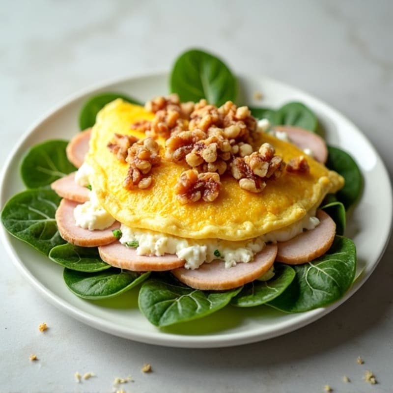Egg White Spinach Omelette with Cottage Cheese, Sliced Turkey, and Walnut Crunch