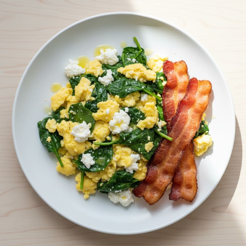 Cottage Cheese Egg Scramble with Sautéed Spinach and Turkey Bacon