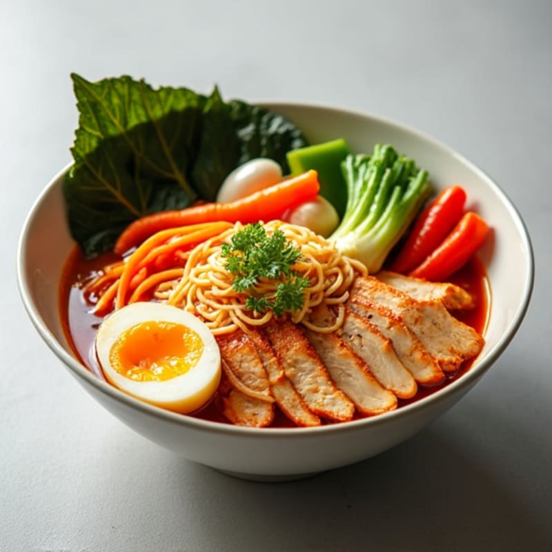 Spicy Sriracha Chicken Ramen with Fresh Vegetables