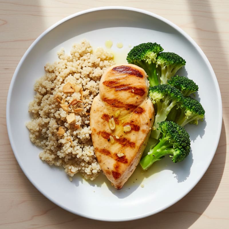 Grilled Lemon Garlic Chicken Breast with Quinoa and Steamed Broccoli