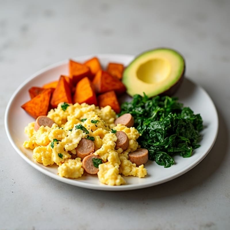Egg White and Turkey Sausage Scramble with Spinach and Roasted Sweet Potatoes