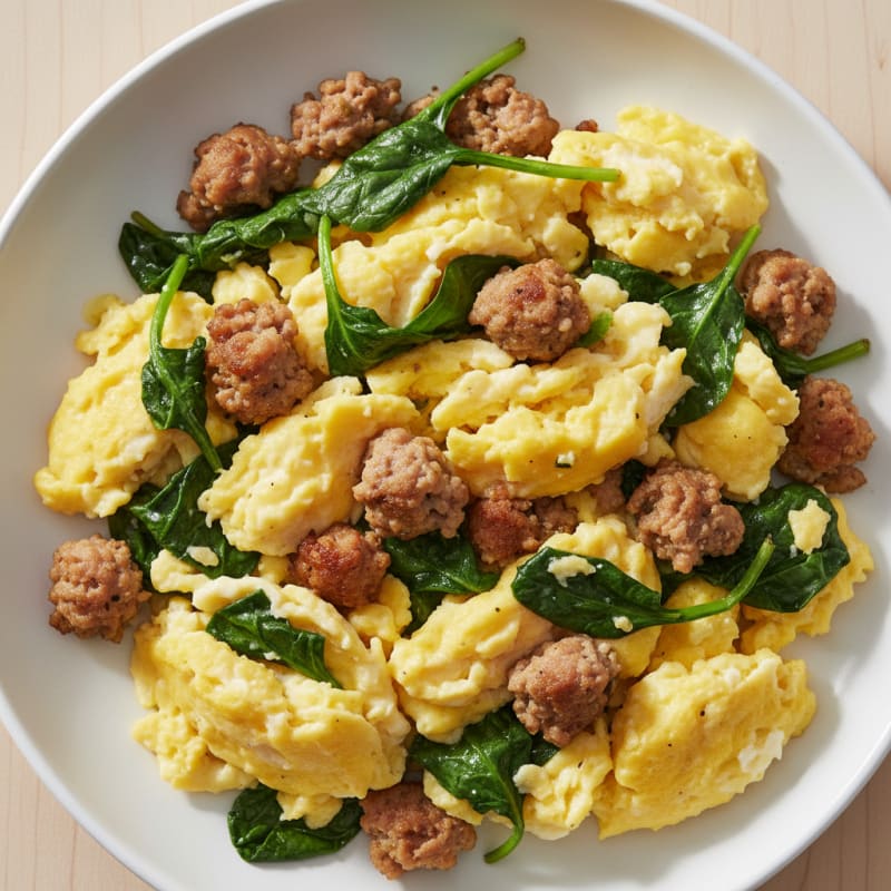 Scrambled Eggs with Turkey Sausage and Sautéed Spinach