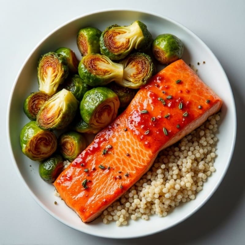 Spicy Gochujang Glazed Salmon with Crispy Brussels Sprouts and Fluffy Quinoa
