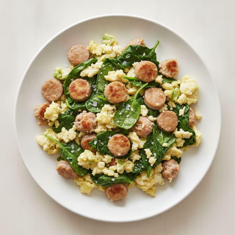 Egg White Scramble with Turkey Sausage and Sautéed Spinach